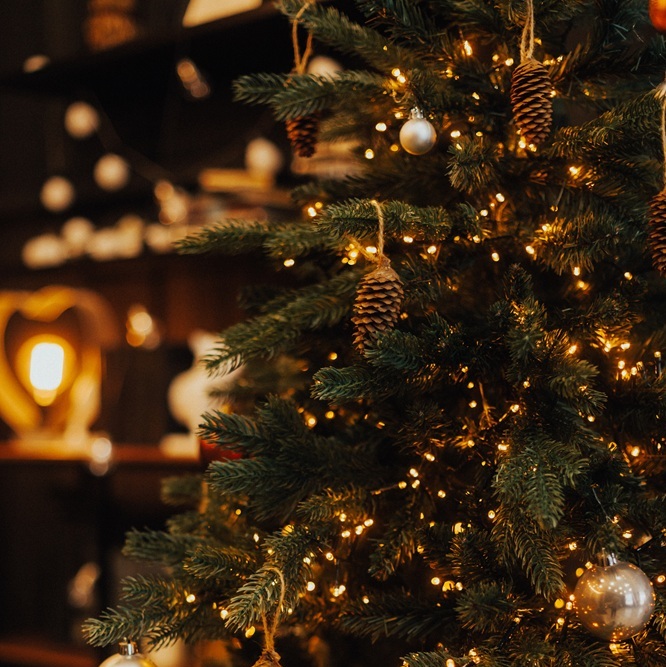 Primo piano sugli addobbi e sulle lucine dell'albero di Natale