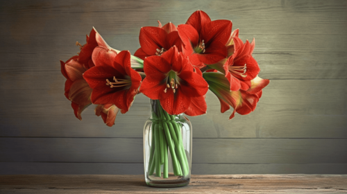 Composizione floreale di Amaryllis rossi in una caraffa di vetro