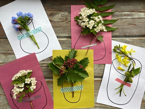 Children's craft, make gift cards from natural flowers. Composizioni floreali fai da te su fogli colorati per un biglietto dedicato alla mamma