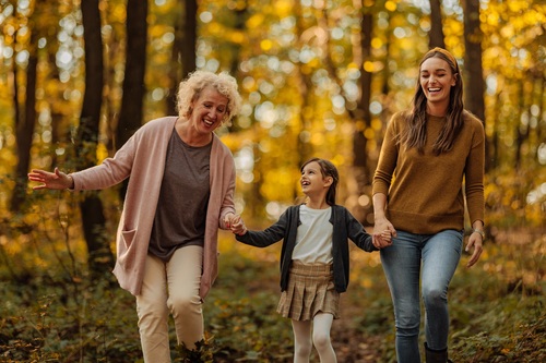 Mother, daughter and grandmother walking in the forest during autumn
